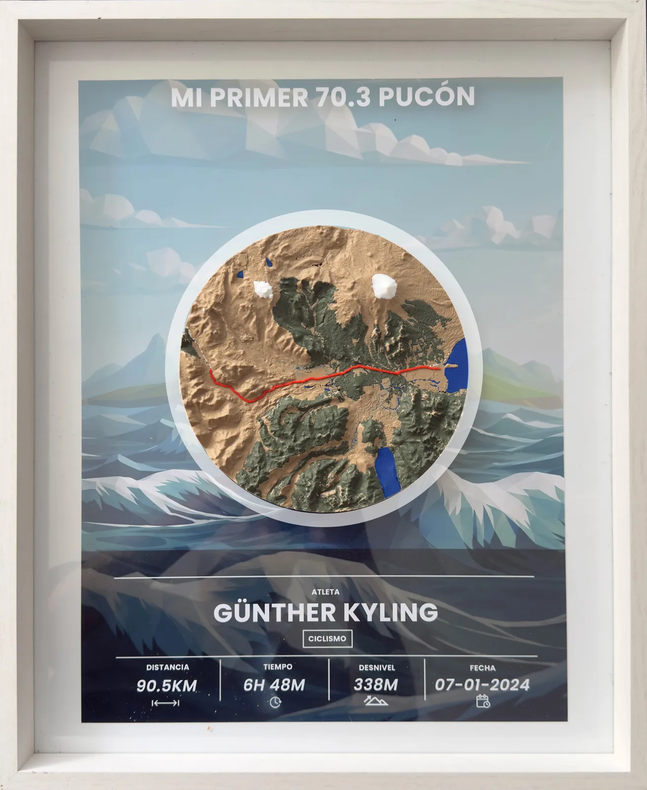 Fotografía real del recuerdo Mi primer 70.3 Pucón en marco blanco
